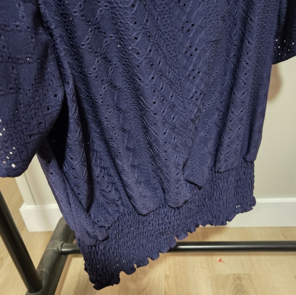 Michael Kors Womens Navy Blue Short Sleeve Shirt Smocked Waist Blouse Top Size M - Picture 2 of 8